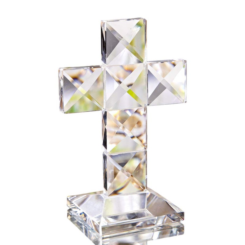 QFkris Crystal Cross Traditional Standing Cross On Base Clear 5'' Tall Glass Tabletop Cross Figurine Christian Decor for Women Man - Image 1